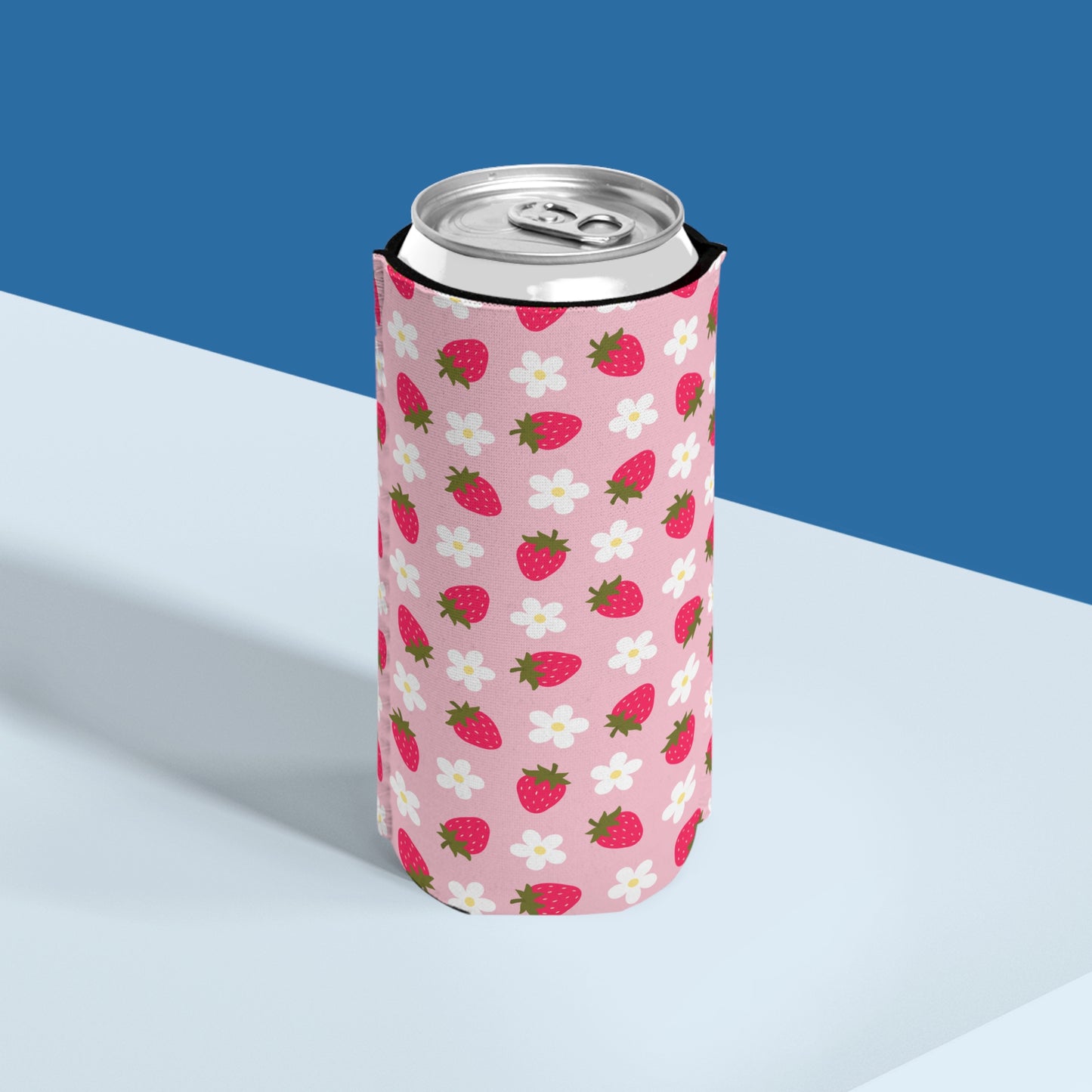 Strawberry Fields Slim Can Cooler - Cute Floral Drink Insulator for Summer Parties & Picnics, Lake Days, River Days, Day Drinking