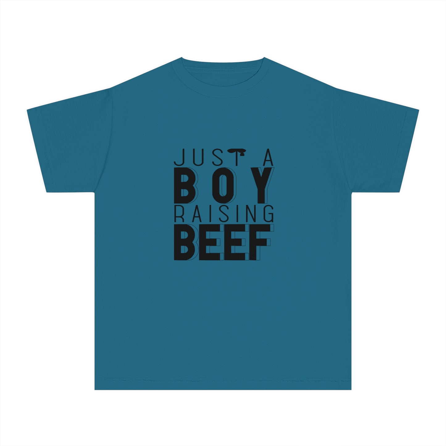 Just a Boy Raising Beef Youth Midweight Tee - Farming Beef Cattle Graphic Summer T-Shirt for Boys County Fair, Show Tee