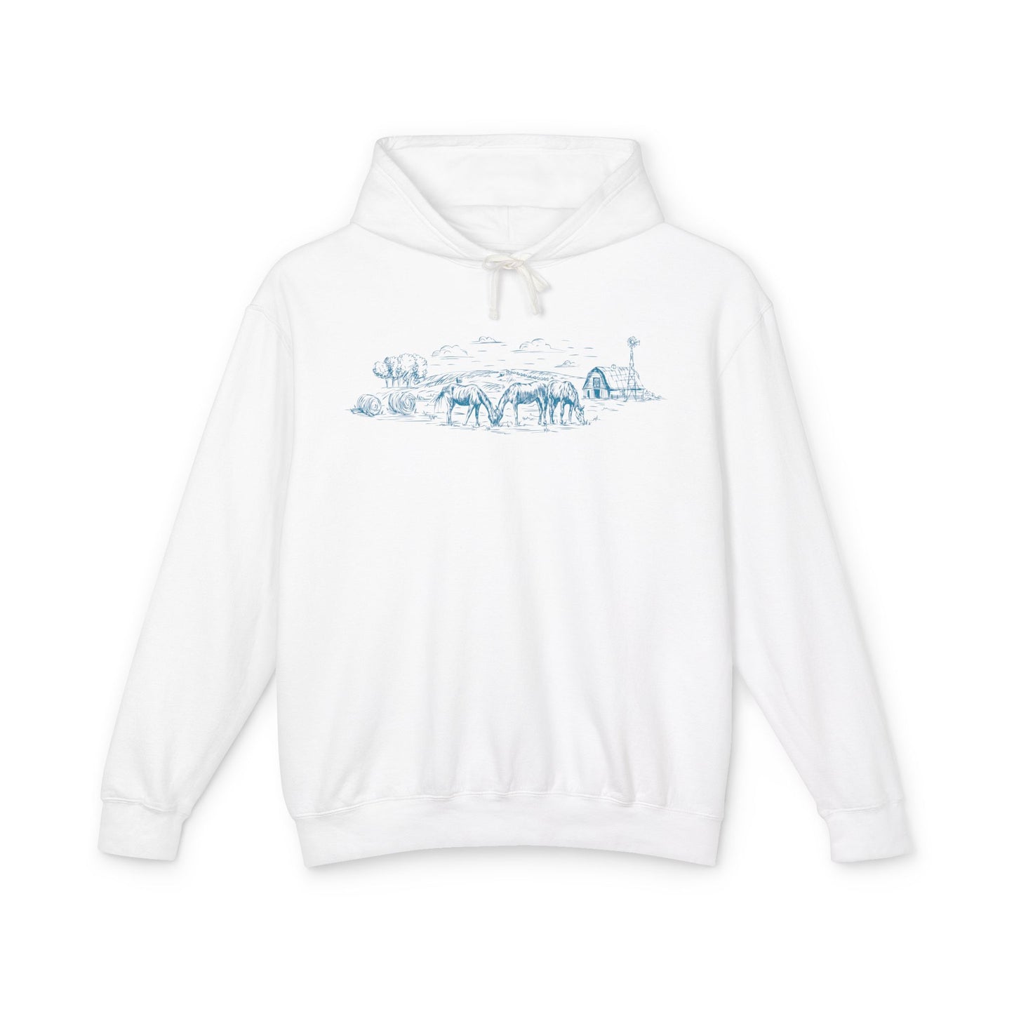 Lightweight Hand Drawn Horse Landscape Hoodie | Cozy Equine Sweatshirt for Horse Lovers and Farmers