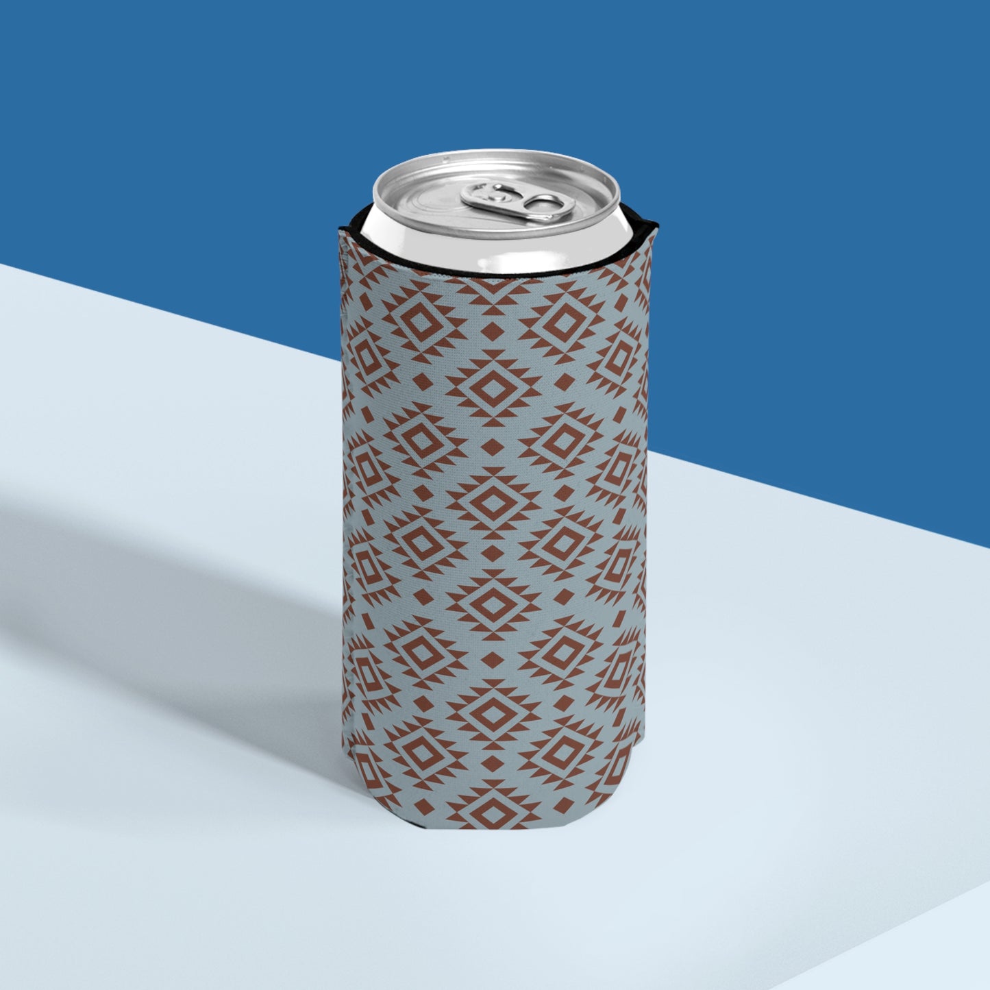 Western Blue Aztec Vibe Stylish Slim Can Cooler - Geometric Brown & Blue Design For Your Favorite Beverage