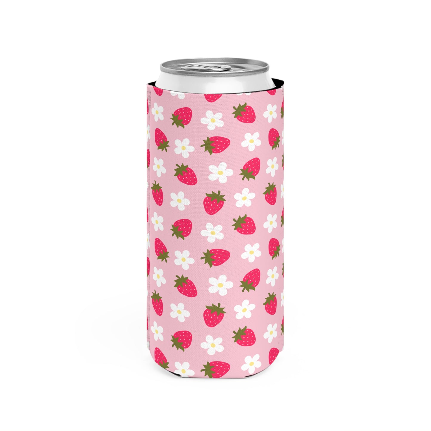 Strawberry Fields Slim Can Cooler - Cute Floral Drink Insulator for Summer Parties & Picnics, Lake Days, River Days, Day Drinking