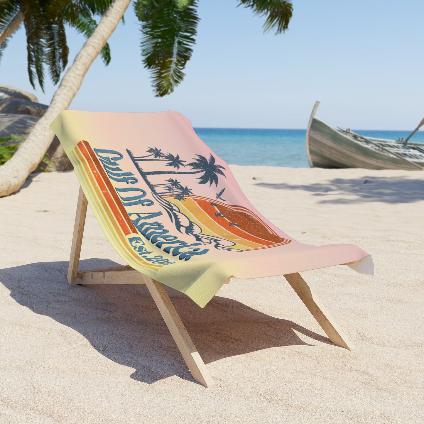 Gulf of America -Vintage Feel Beach Towel - Pool Beach Vacation Lake River Creek Design Peach Color