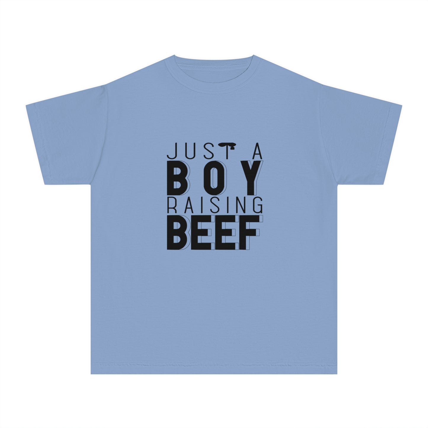 Just a Boy Raising Beef Youth Midweight Tee - Farming Beef Cattle Graphic Summer T-Shirt for Boys County Fair, Show Tee