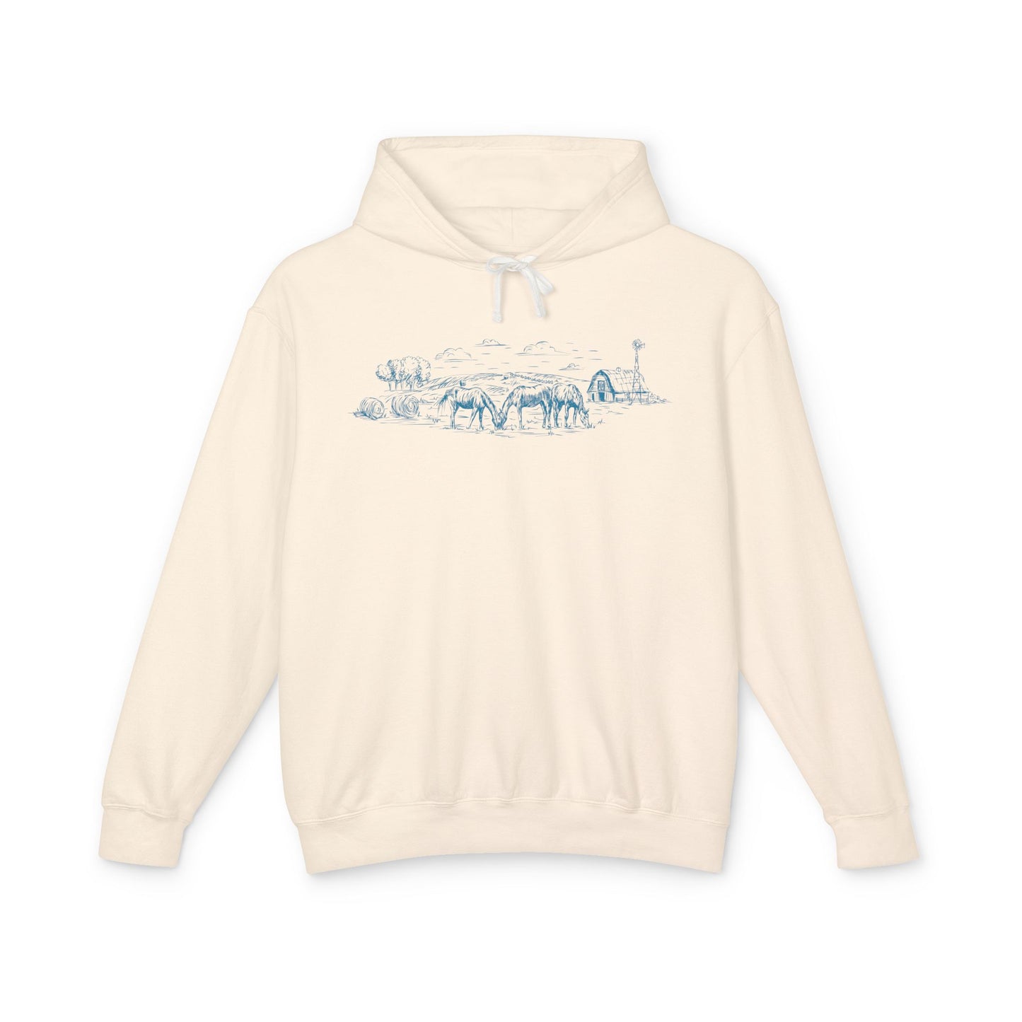 Lightweight Hand Drawn Horse Landscape Hoodie | Cozy Equine Sweatshirt for Horse Lovers and Farmers