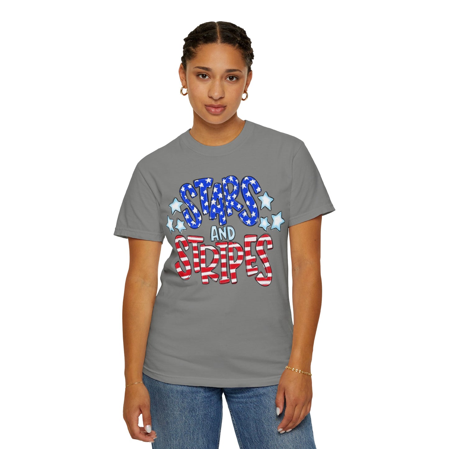 America The Beautiful Stars and Stripes Garment-Dyed Unisex T-Shirt, 4th of July Tee, Fourth of July Top, Patriotic Tshirt, Red White and Blue