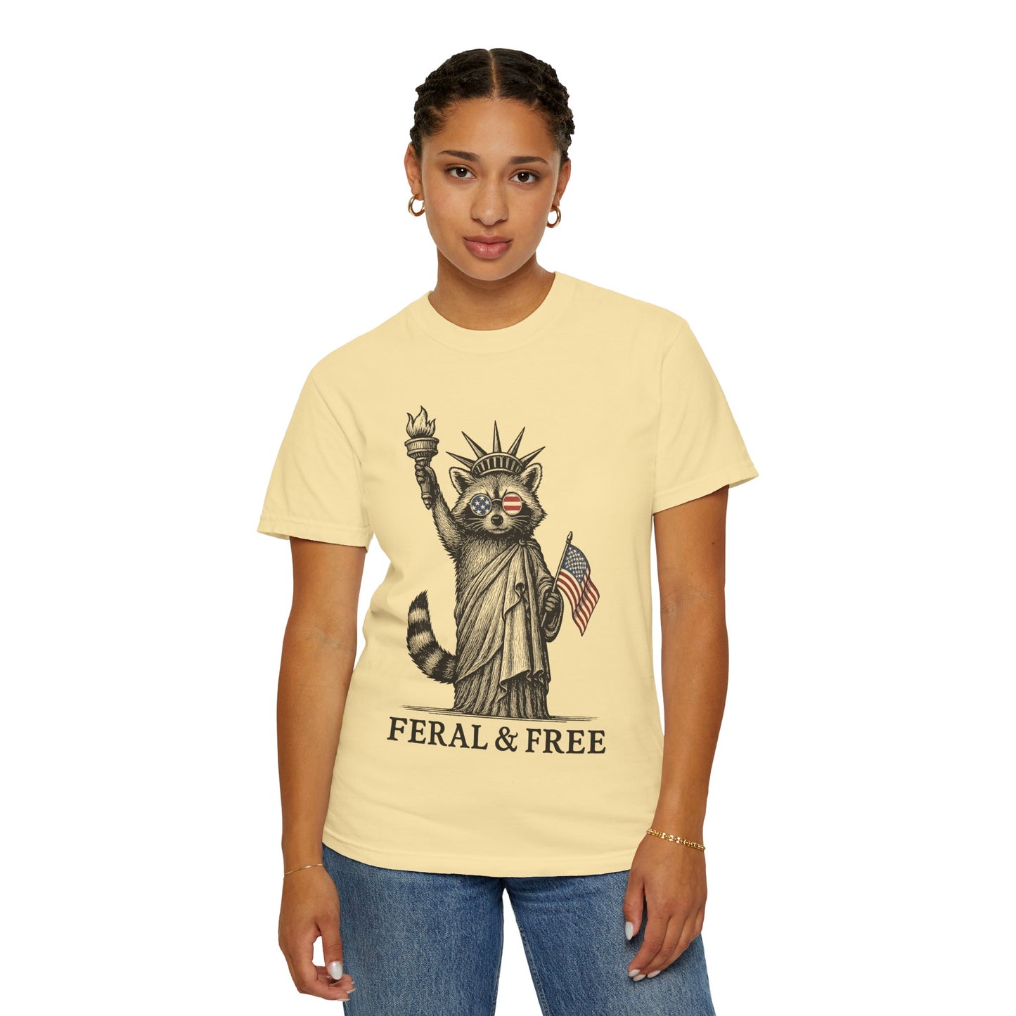 Feral & Free Unisex T-Shirt - Feral Raccoon Design, 4th of July Feral Tee, 4th of July Tshirt, Independence Day, Statue of Liberty Tshirt, Red White and Blue, Fireworks