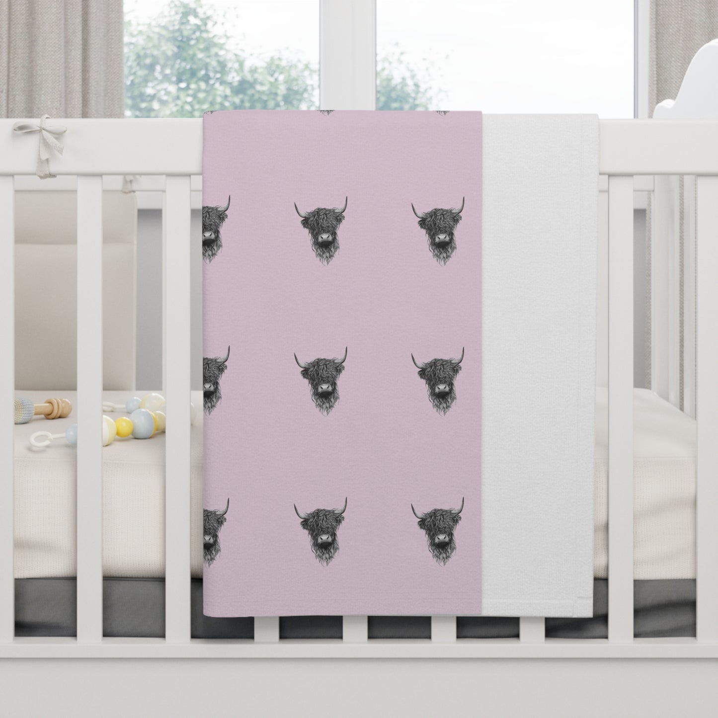 Whimsical Highland Cow Fleece Baby Blanket - Cute Farm Pattern, Nursery Decor, Baby Shower Gift, Swaddle Blanket, Infant Blanket, Pink Girl