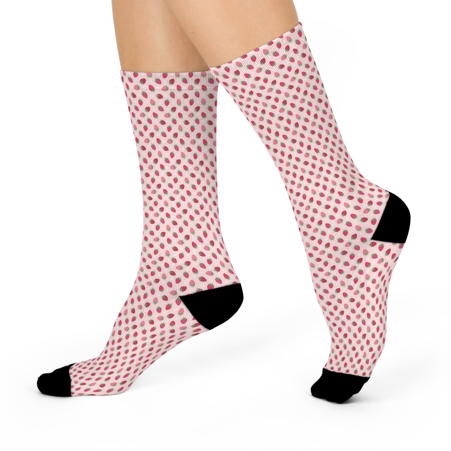 Funky Fun Strawberry Socks Cute Pink Dotted Cushioned Crew Socks - Soft & Comfy Fashion Accessory