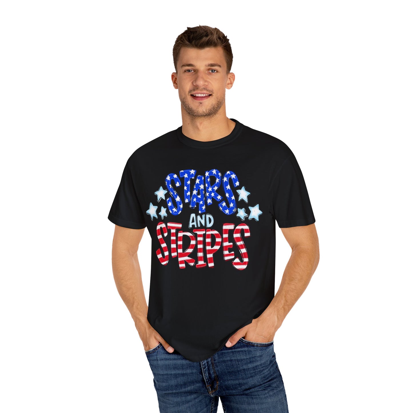 America The Beautiful Stars and Stripes Garment-Dyed Unisex T-Shirt, 4th of July Tee, Fourth of July Top, Patriotic Tshirt, Red White and Blue
