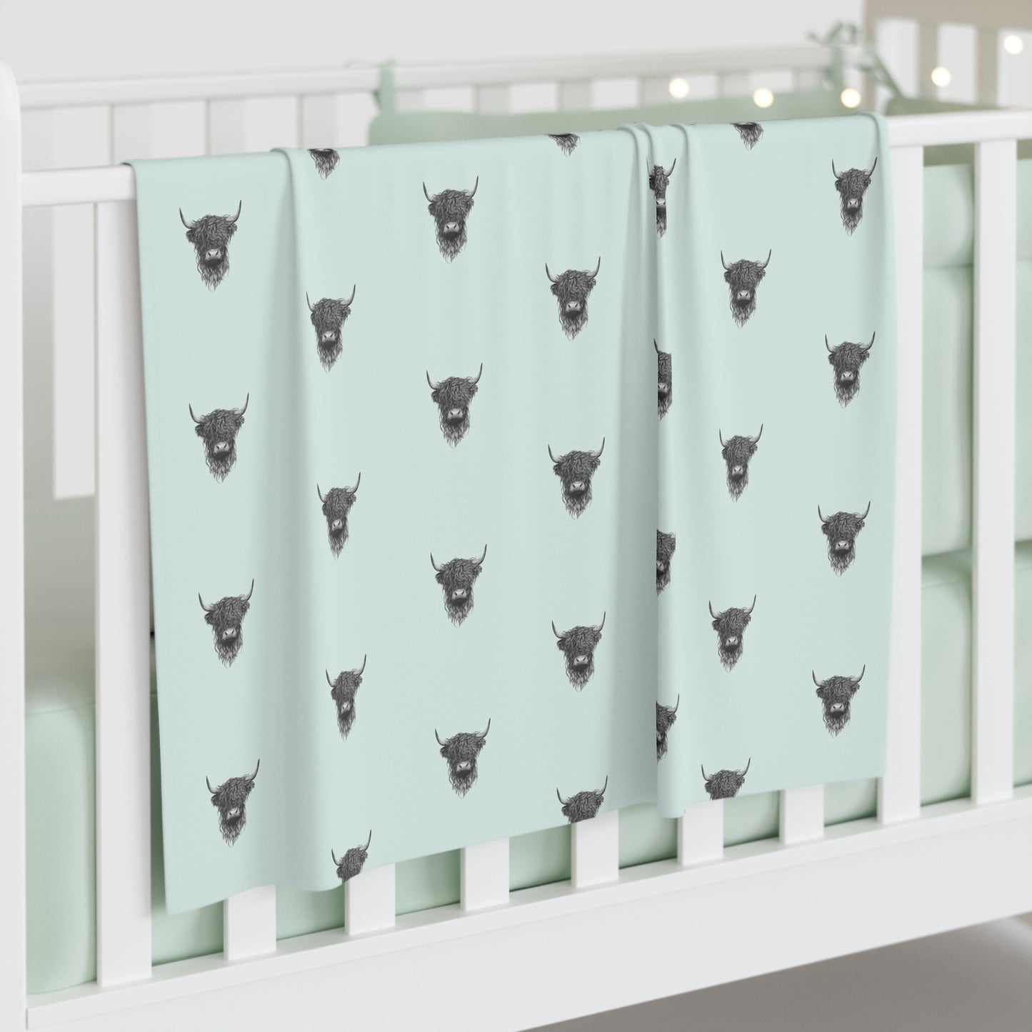Modern Baby Swaddle Blanket Mint Highland Cattle Design, Soft Infant Wrap, Neutral Nursery Decor, Newborn Gift, Baby Shower Present