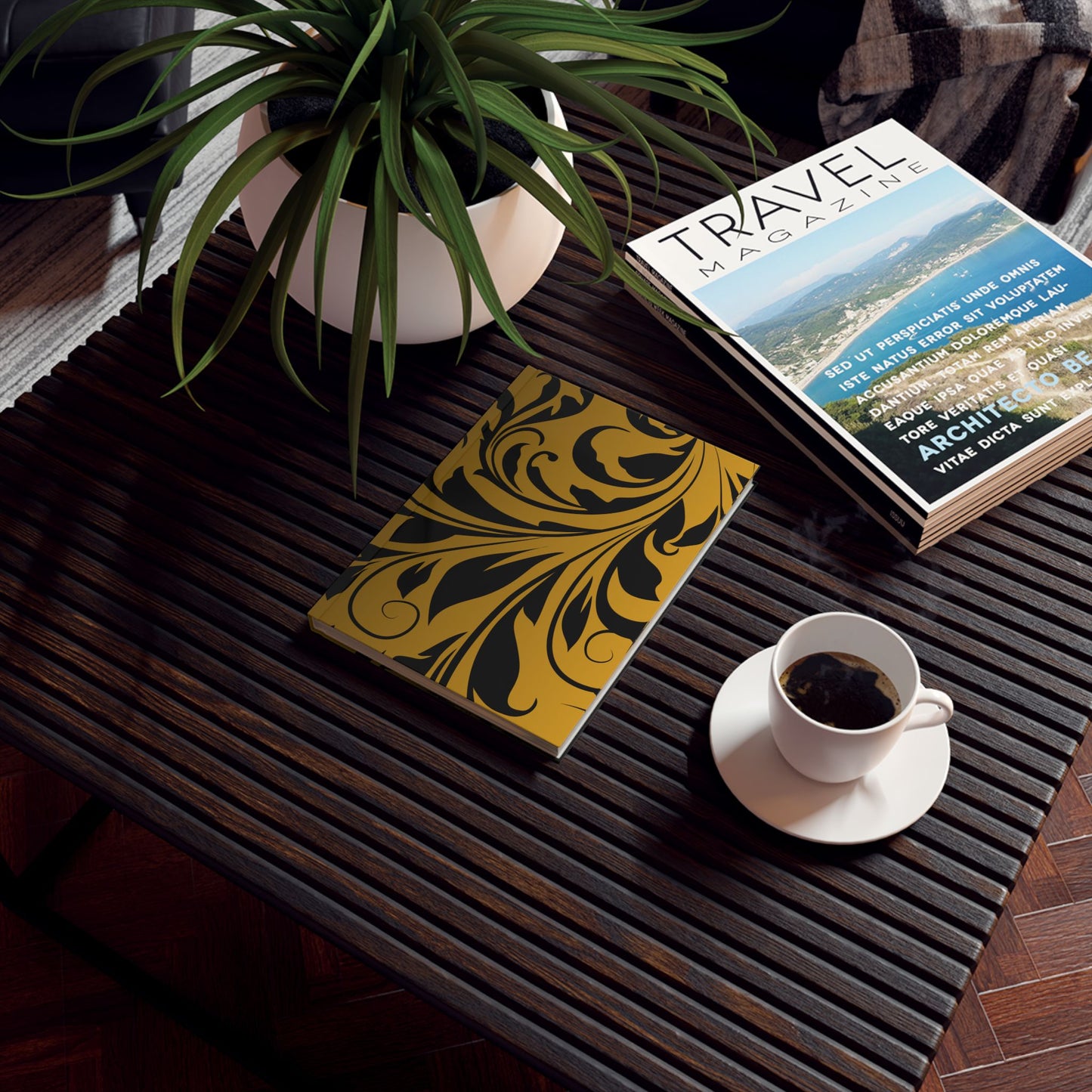 Elegant Gold Black Damascus Floral Hard Back Journal - Perfect for Writing & Reflection, Reminder, To Do List