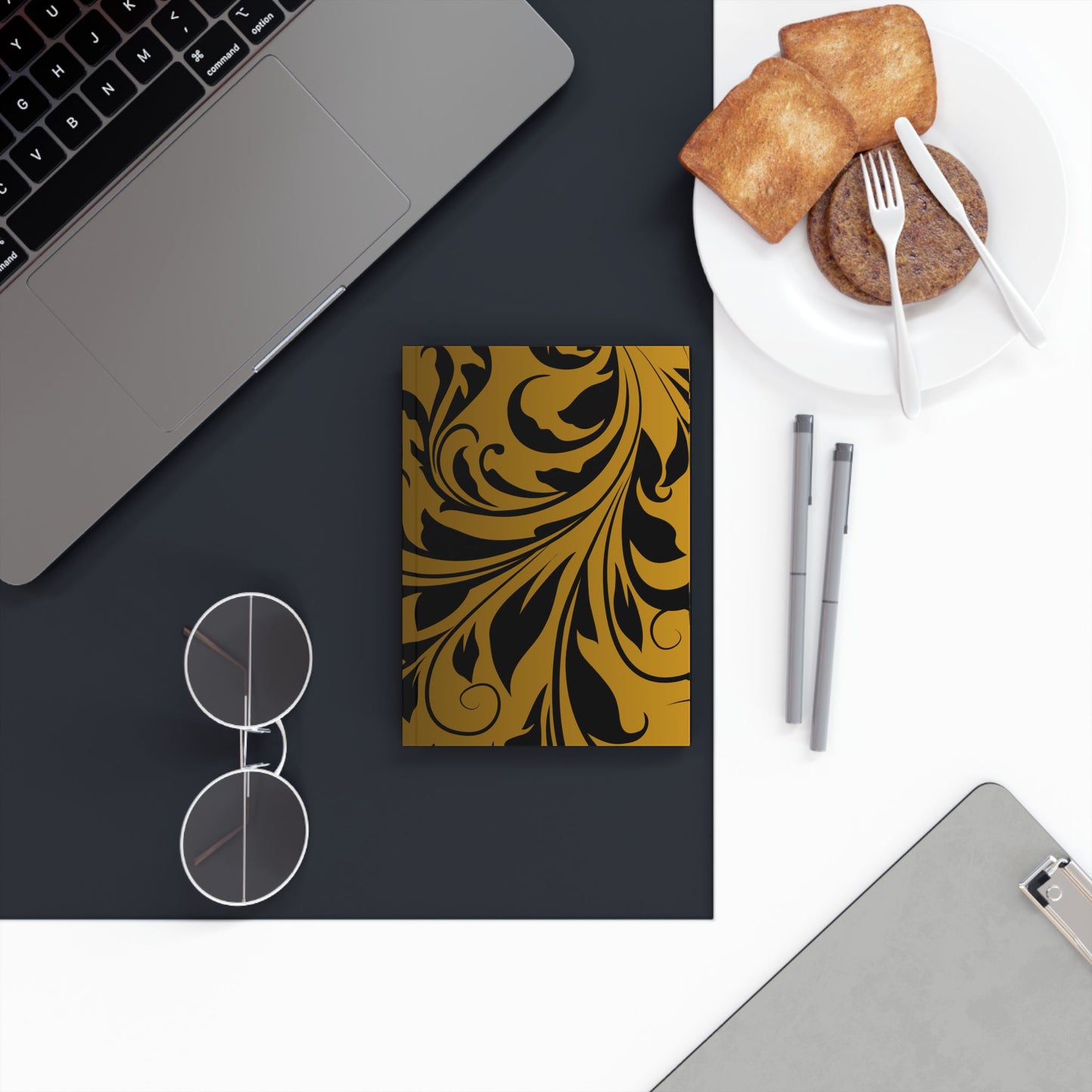 Elegant Gold Black Damascus Floral Hard Back Journal - Perfect for Writing & Reflection, Reminder, To Do List