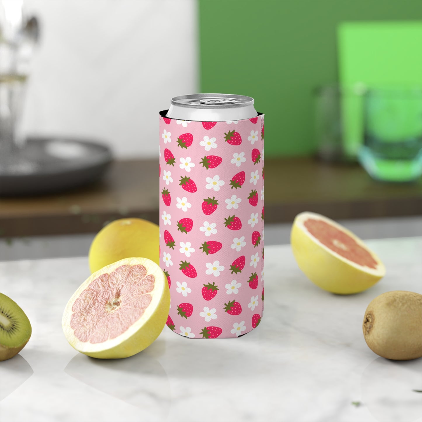 Strawberry Fields Slim Can Cooler - Cute Floral Drink Insulator for Summer Parties & Picnics, Lake Days, River Days, Day Drinking