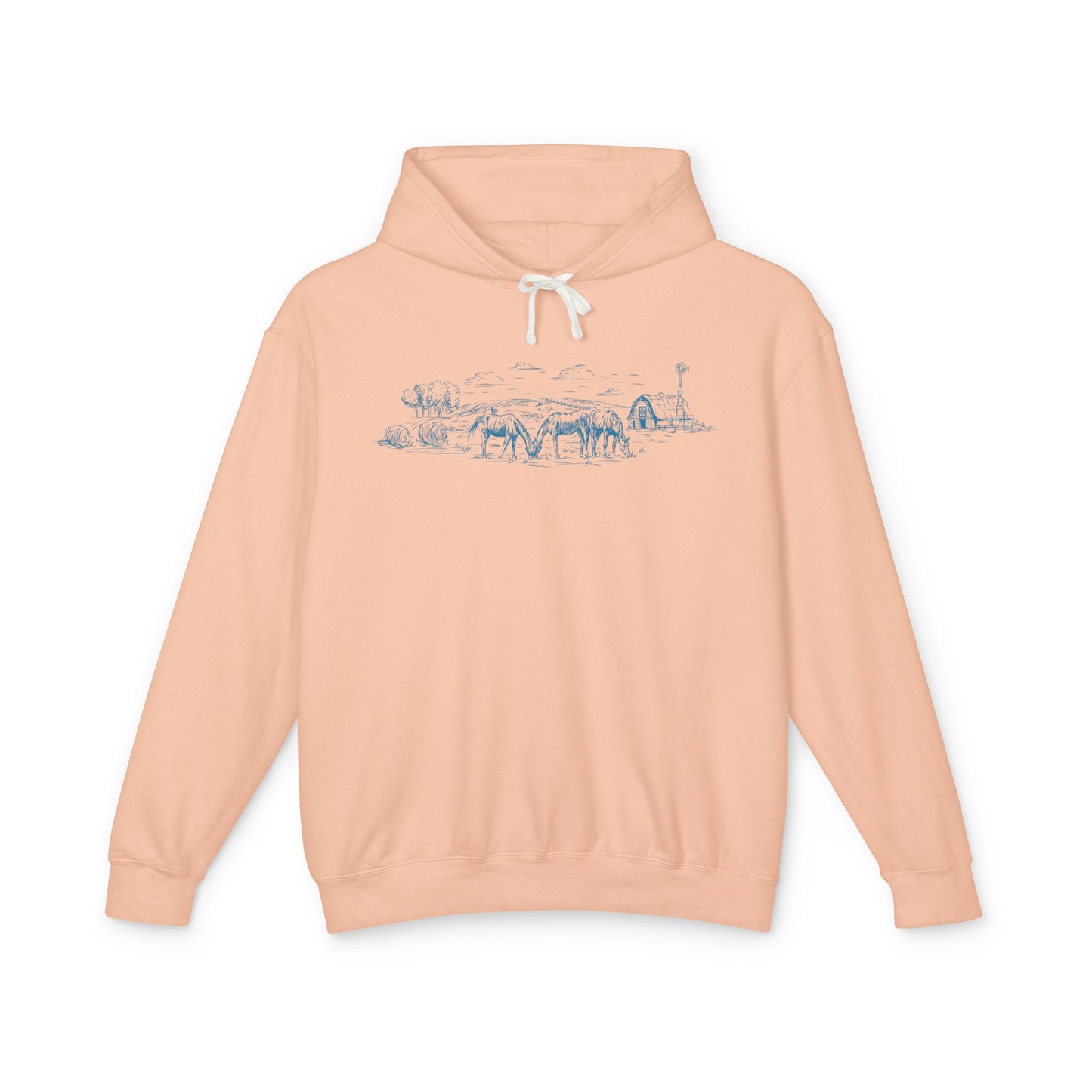Lightweight Hand Drawn Horse Landscape Hoodie | Cozy Equine Sweatshirt for Horse Lovers and Farmers