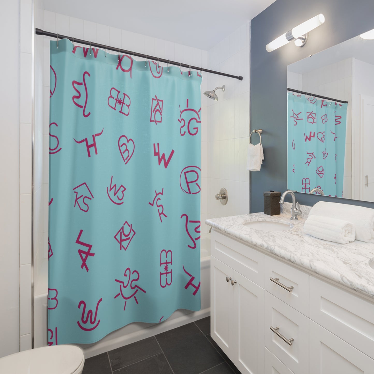 Trendy Western Ranchy Shower Curtain Blue and Hot Pink