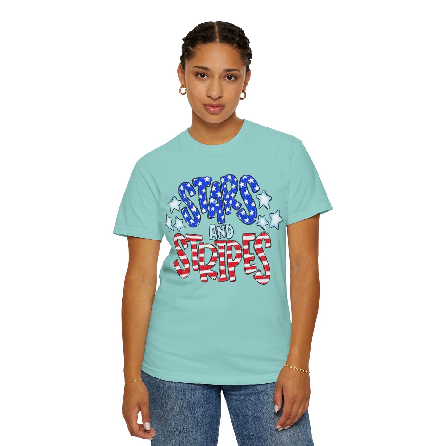 America The Beautiful Stars and Stripes Garment-Dyed Unisex T-Shirt, 4th of July Tee, Fourth of July Top, Patriotic Tshirt, Red White and Blue