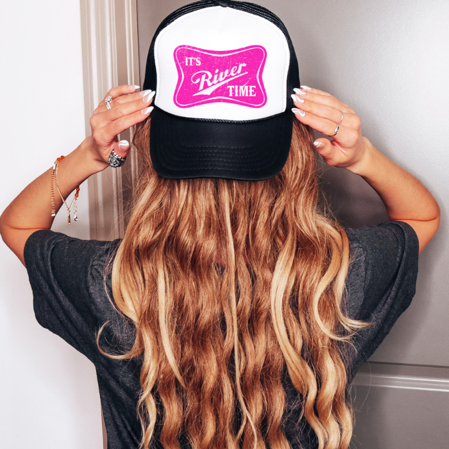 The River Bank is calling your name.... New River Time Trucker Hat.... Perfect for Summer