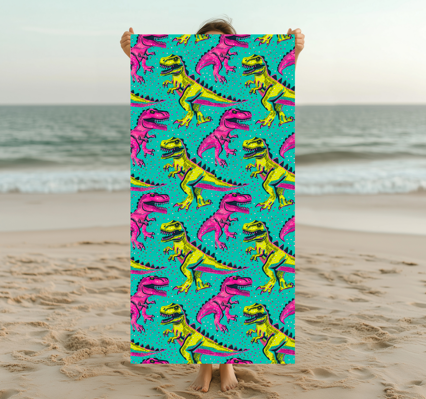 Everyone Loves A T-Rex Yellow Pink Beach Towel Colorful Dinosaur Beach Towel - Fun Summer Accessory for Kids & Adults