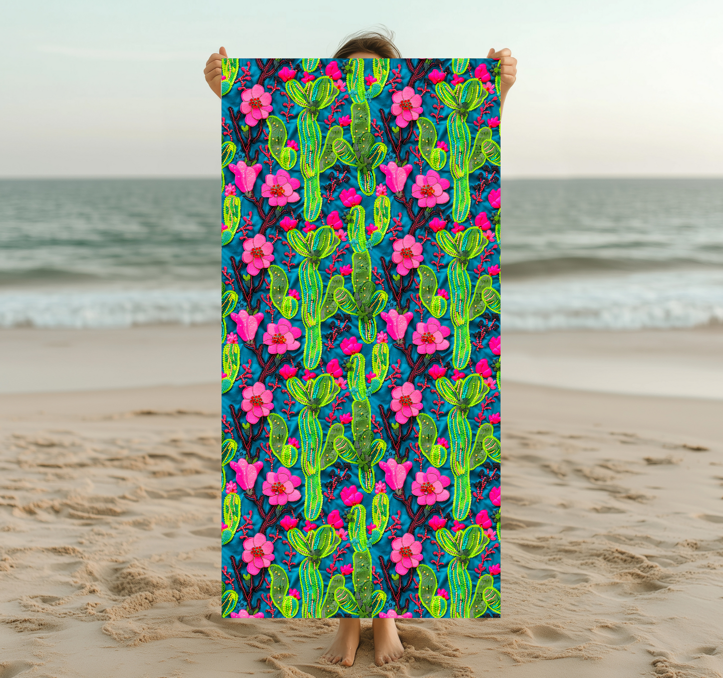 Funky Cactus Vibrant Trendy Western Beach Towel - Cactus Flower Neon Beach Must Have Honeymoon Boho Family Vacation