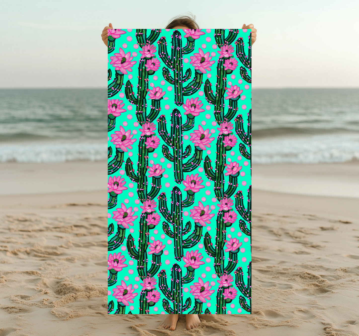 Funky Turquoise Pink Cactus Flower Tropical Beach Towel - Vibrant Floral 3D Design Boho Western Gorgeous Great For Family vacation Beach Vacay Pool Lake