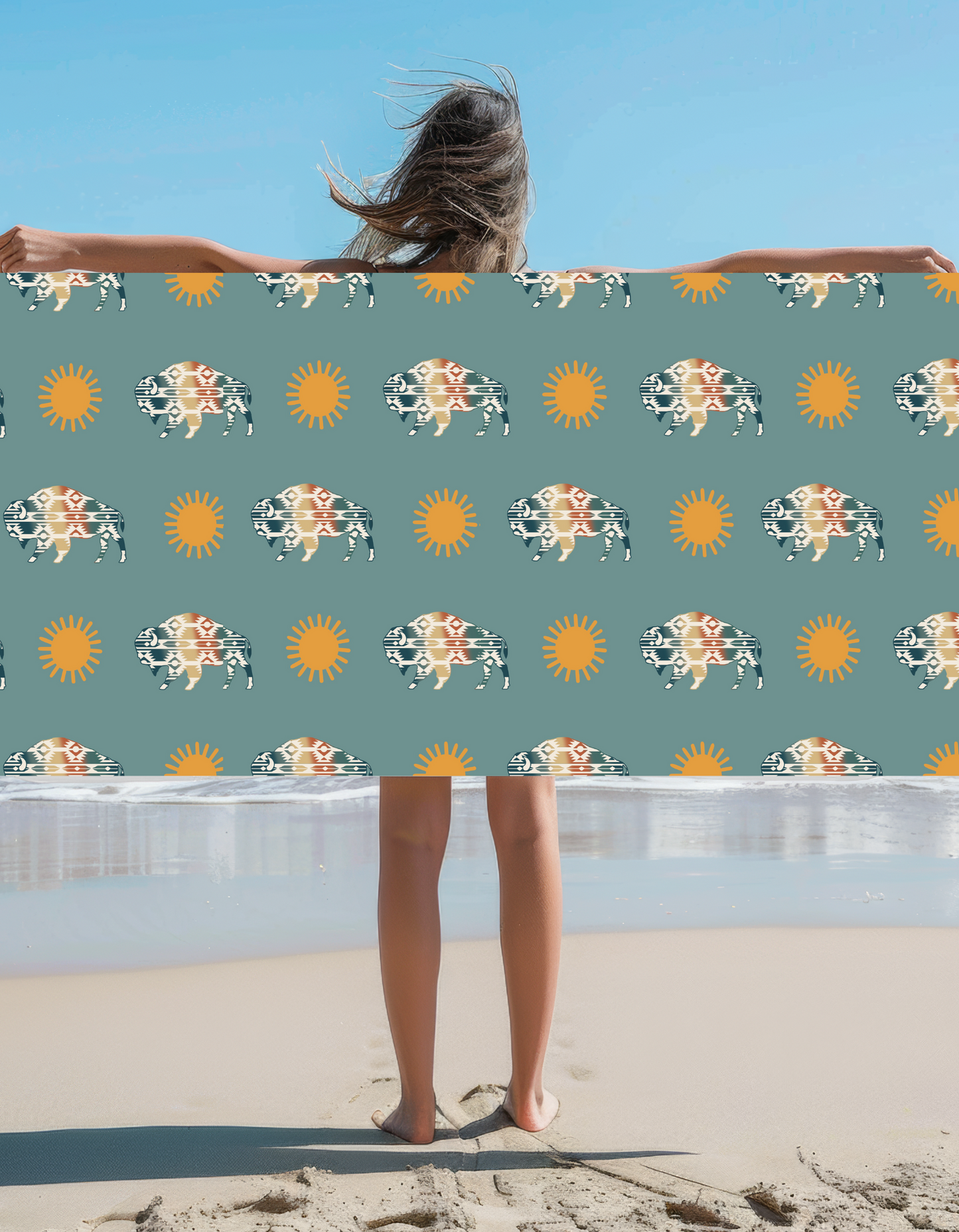 Aztec Buffalo Sunshine Boho Vibe Turquoise Western Trendy Beach Towel A Must On That Beach Vacation or Hanging By The Pool, River Day or Lazy Lake Trip