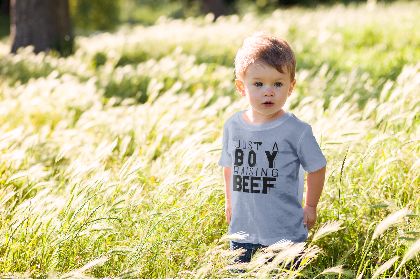 Just a Boy Raising Beef Youth Midweight Tee - Farming Beef Cattle Graphic Summer T-Shirt for Boys County Fair, Show Tee
