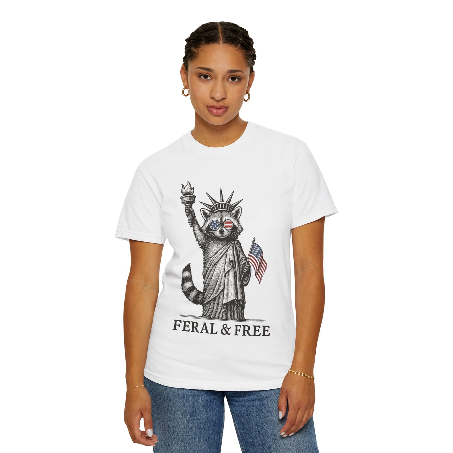 Feral & Free Unisex T-Shirt - Feral Raccoon Design, 4th of July Feral Tee, 4th of July Tshirt, Independence Day, Statue of Liberty Tshirt, Red White and Blue, Fireworks