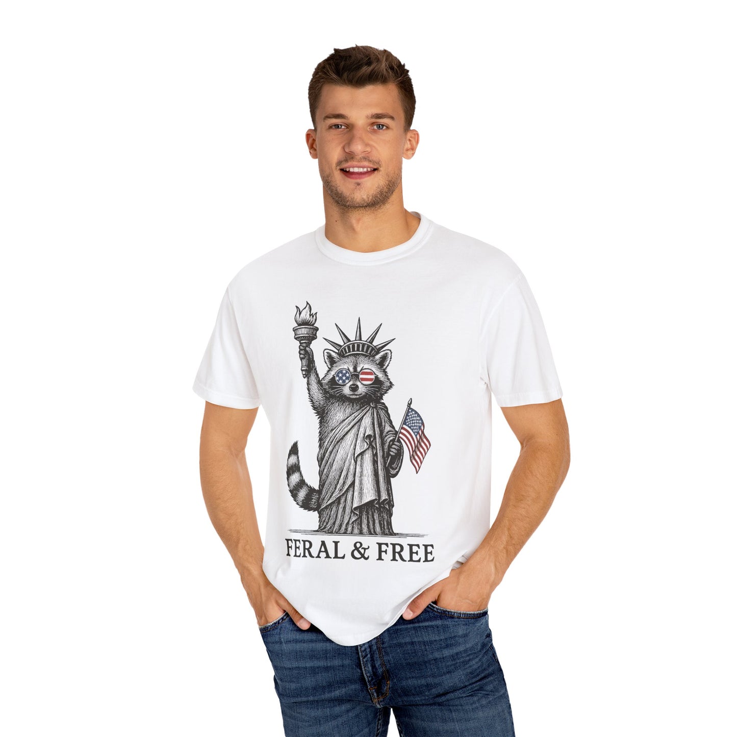 Feral & Free Unisex T-Shirt - Feral Raccoon Design, 4th of July Feral Tee, 4th of July Tshirt, Independence Day, Statue of Liberty Tshirt, Red White and Blue, Fireworks