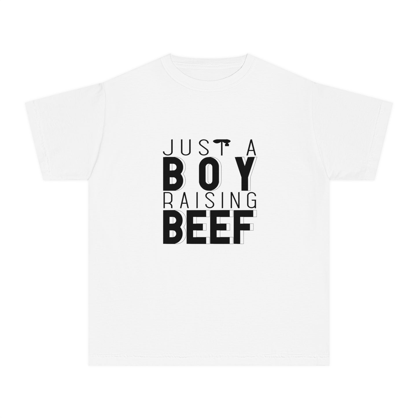 Just a Boy Raising Beef Youth Midweight Tee - Farming Beef Cattle Graphic Summer T-Shirt for Boys County Fair, Show Tee