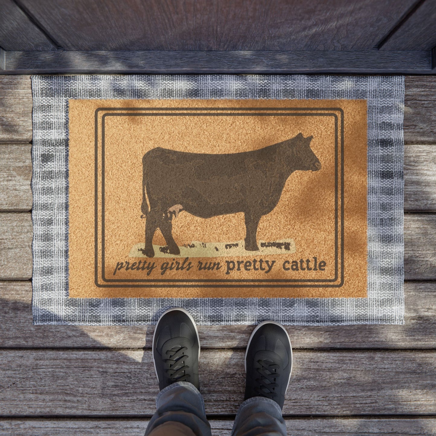 Pretty Girls Run Pretty Cattle Custom Cow Doormat - Charming Entrance Mat, Farmhouse Decor, Unique Home Gift, Country Style, Natural Fiber