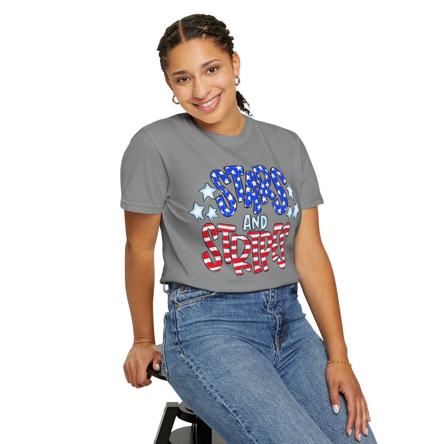 America The Beautiful Stars and Stripes Garment-Dyed Unisex T-Shirt, 4th of July Tee, Fourth of July Top, Patriotic Tshirt, Red White and Blue