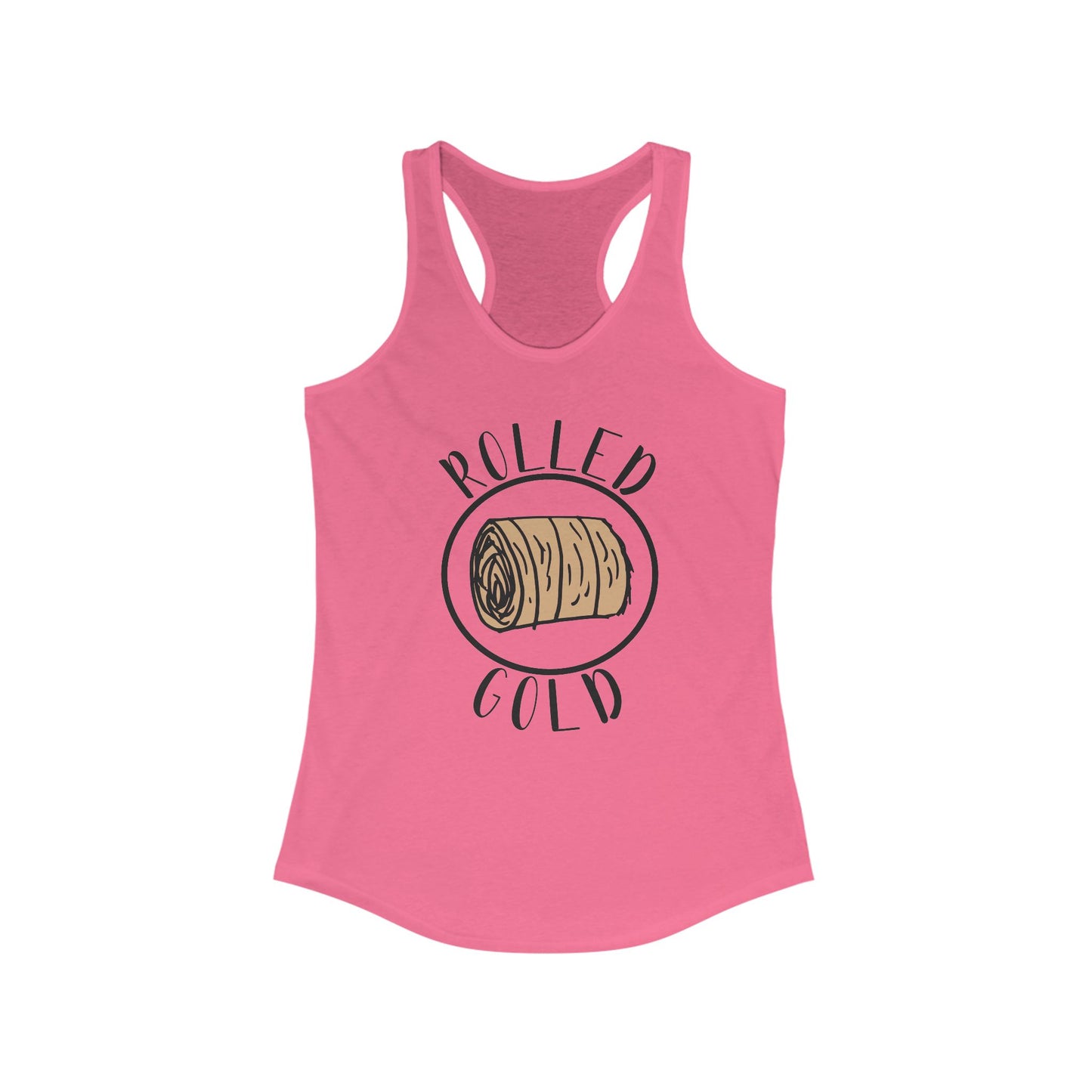 Hay Season Is Here ..Rolled Gold Racerback Tank | Fun Graphic Tees, Women's Activewear, Summer Fashion, Gift for Her, Farm Wife, Tractor, Hay Bale, Cattle