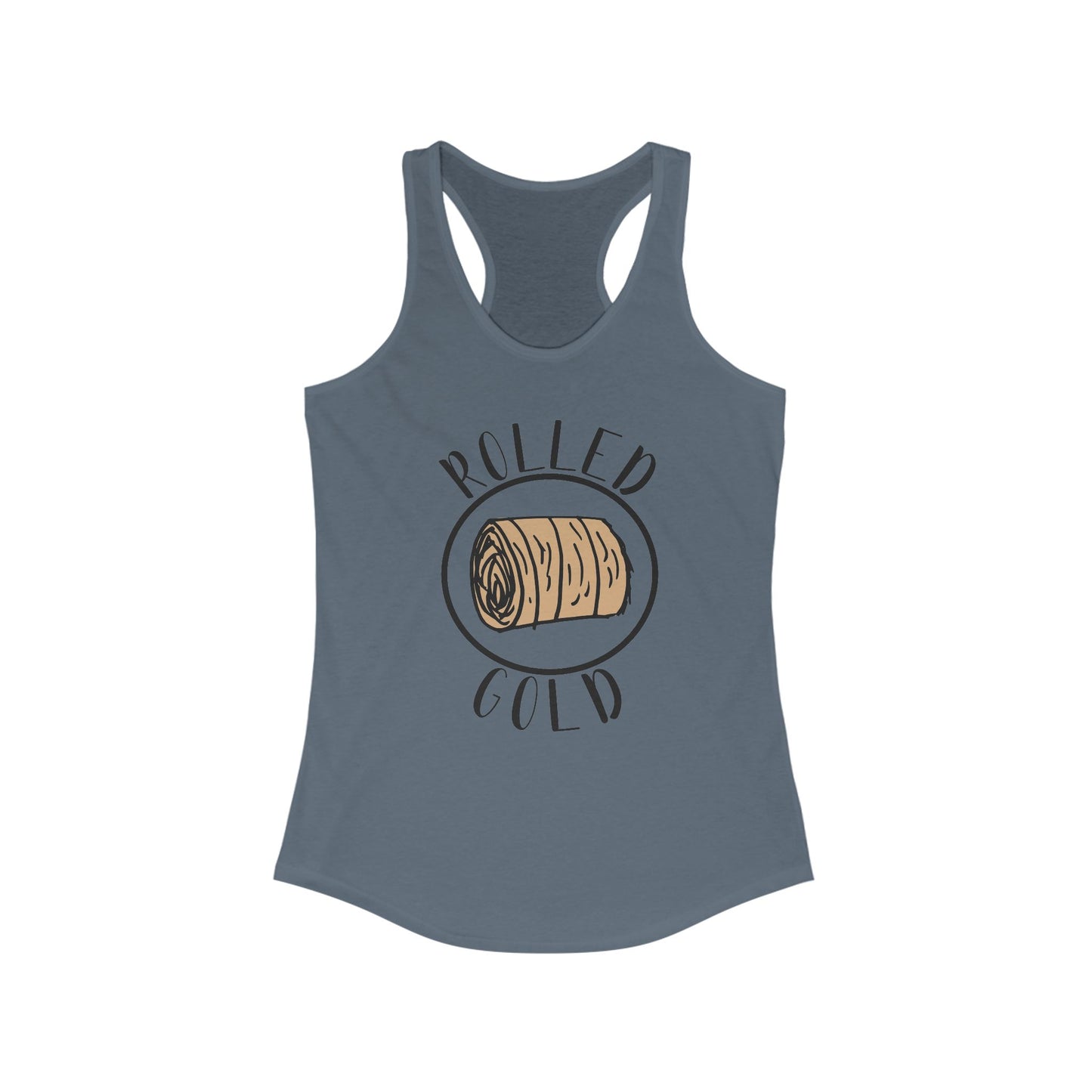 Hay Season Is Here ..Rolled Gold Racerback Tank | Fun Graphic Tees, Women's Activewear, Summer Fashion, Gift for Her, Farm Wife, Tractor, Hay Bale, Cattle