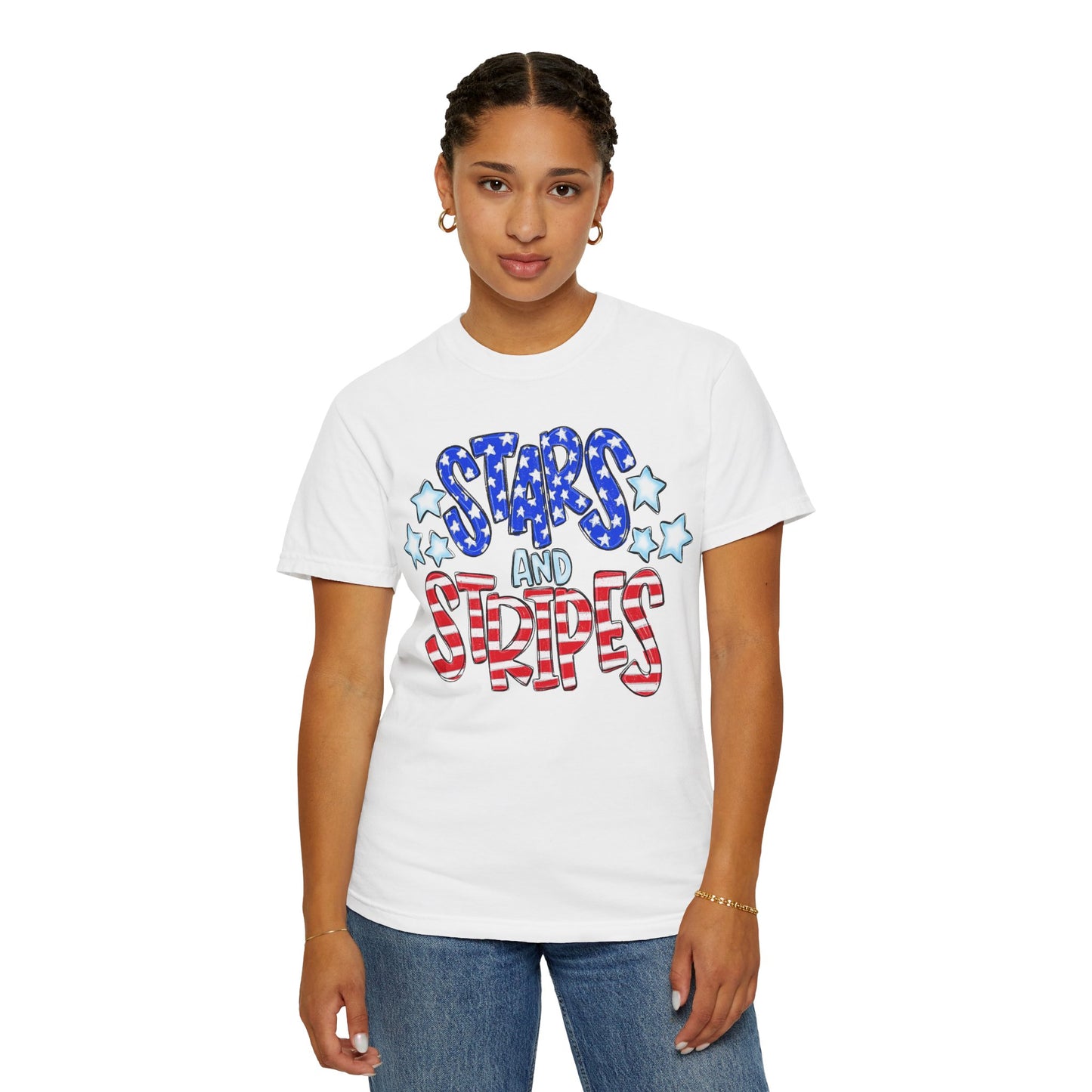 America The Beautiful Stars and Stripes Garment-Dyed Unisex T-Shirt, 4th of July Tee, Fourth of July Top, Patriotic Tshirt, Red White and Blue