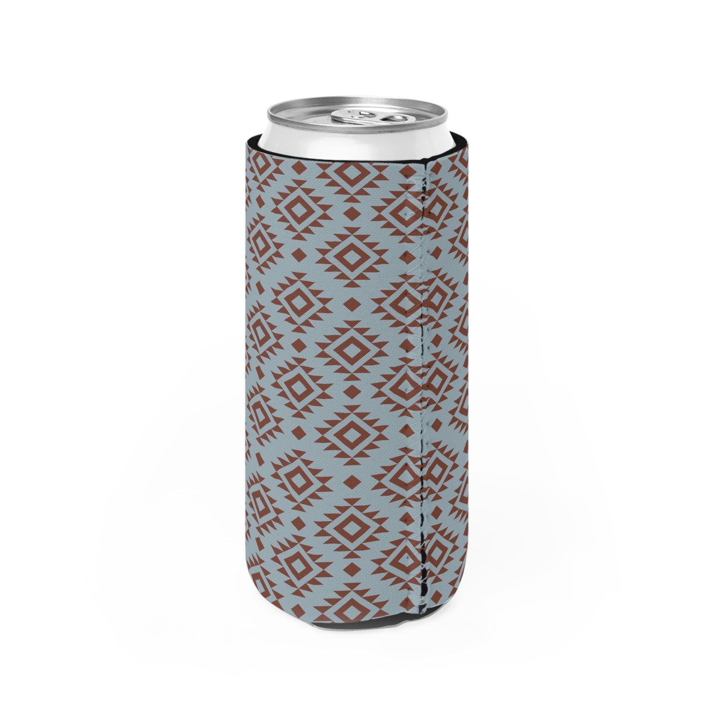 Western Blue Aztec Vibe Stylish Slim Can Cooler - Geometric Brown & Blue Design For Your Favorite Beverage