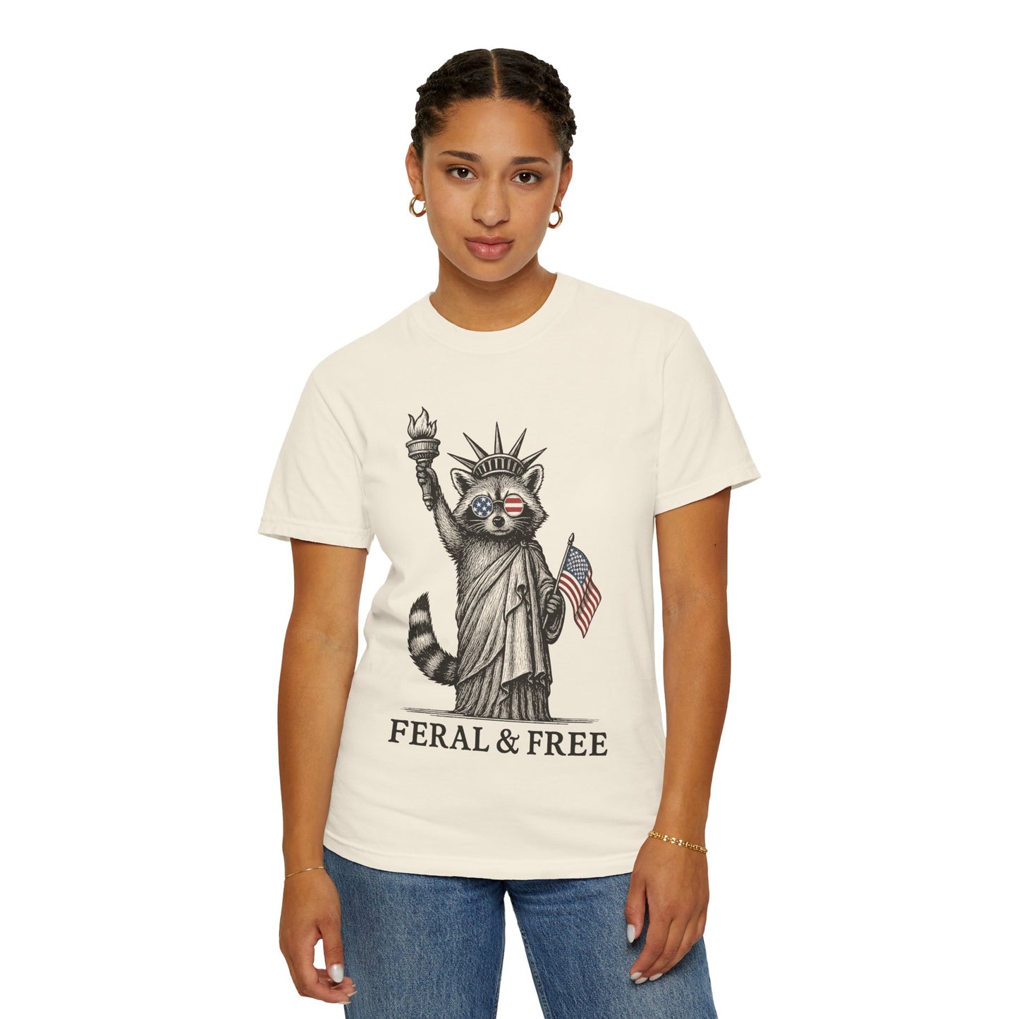 Feral & Free Unisex T-Shirt - Feral Raccoon Design, 4th of July Feral Tee, 4th of July Tshirt, Independence Day, Statue of Liberty Tshirt, Red White and Blue, Fireworks