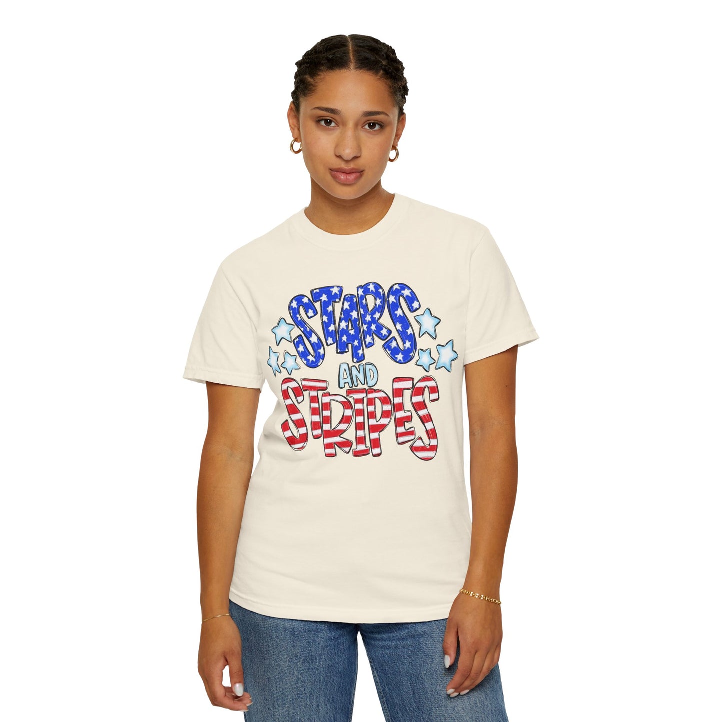 America The Beautiful Stars and Stripes Garment-Dyed Unisex T-Shirt, 4th of July Tee, Fourth of July Top, Patriotic Tshirt, Red White and Blue