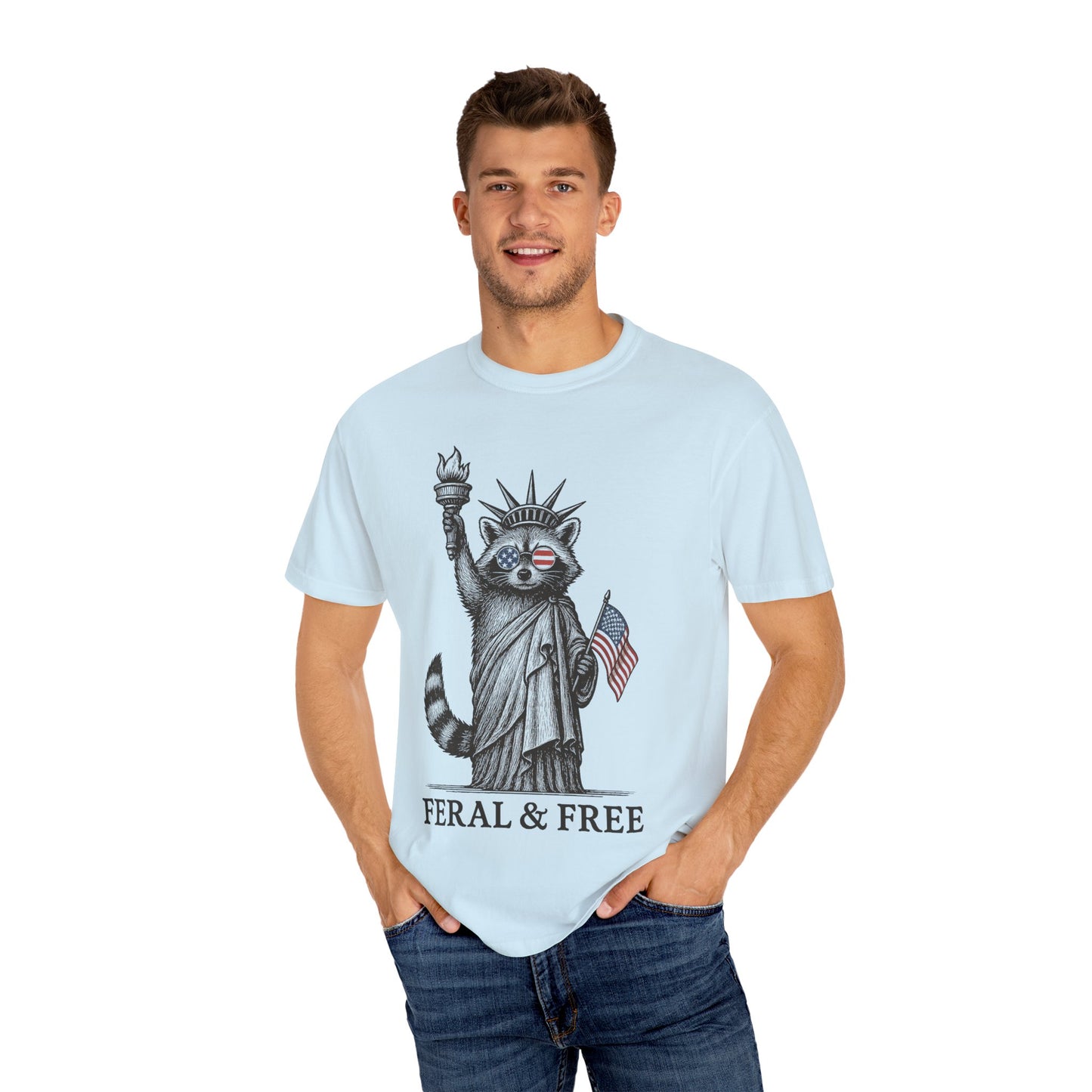 Feral & Free Unisex T-Shirt - Feral Raccoon Design, 4th of July Feral Tee, 4th of July Tshirt, Independence Day, Statue of Liberty Tshirt, Red White and Blue, Fireworks