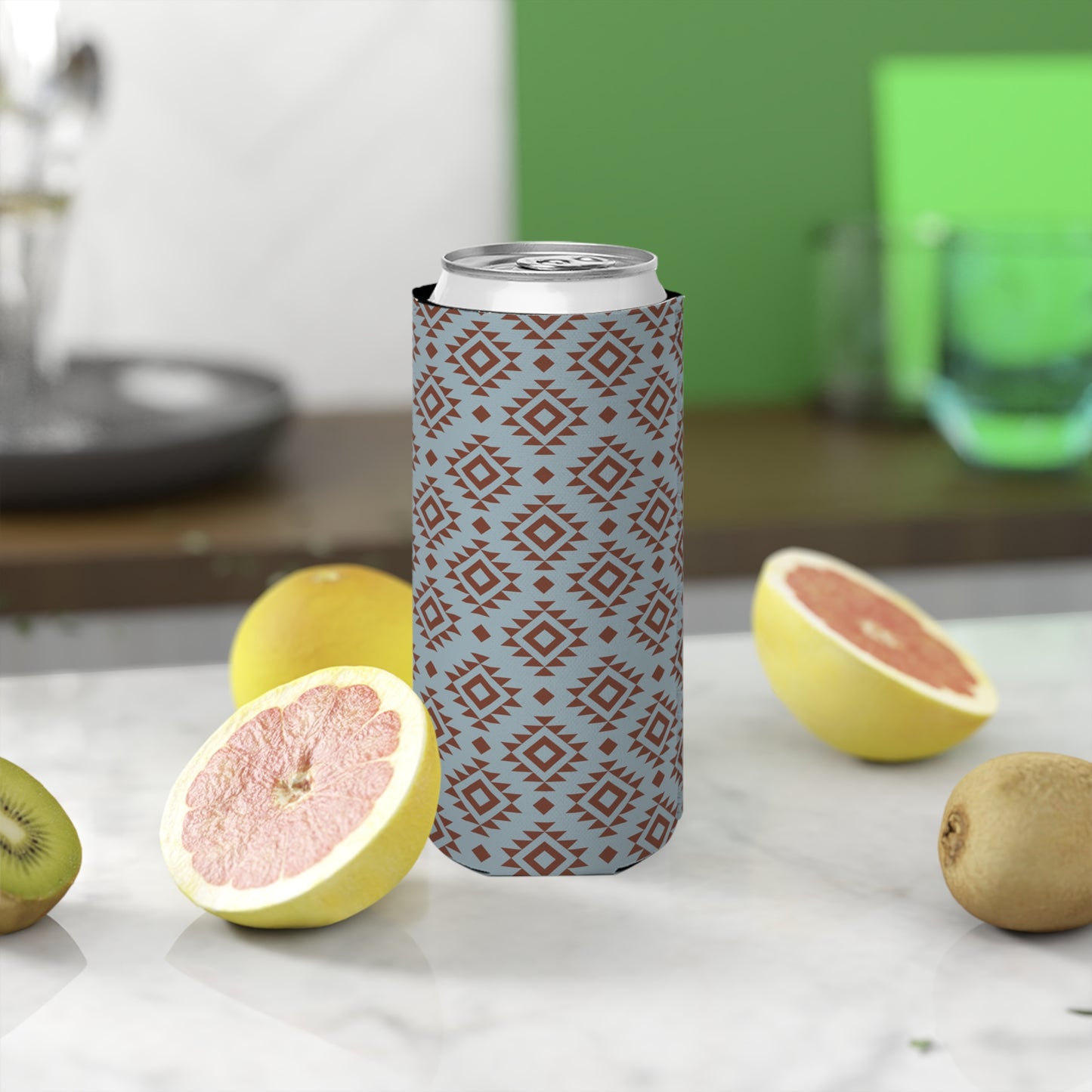 Western Blue Aztec Vibe Stylish Slim Can Cooler - Geometric Brown & Blue Design For Your Favorite Beverage