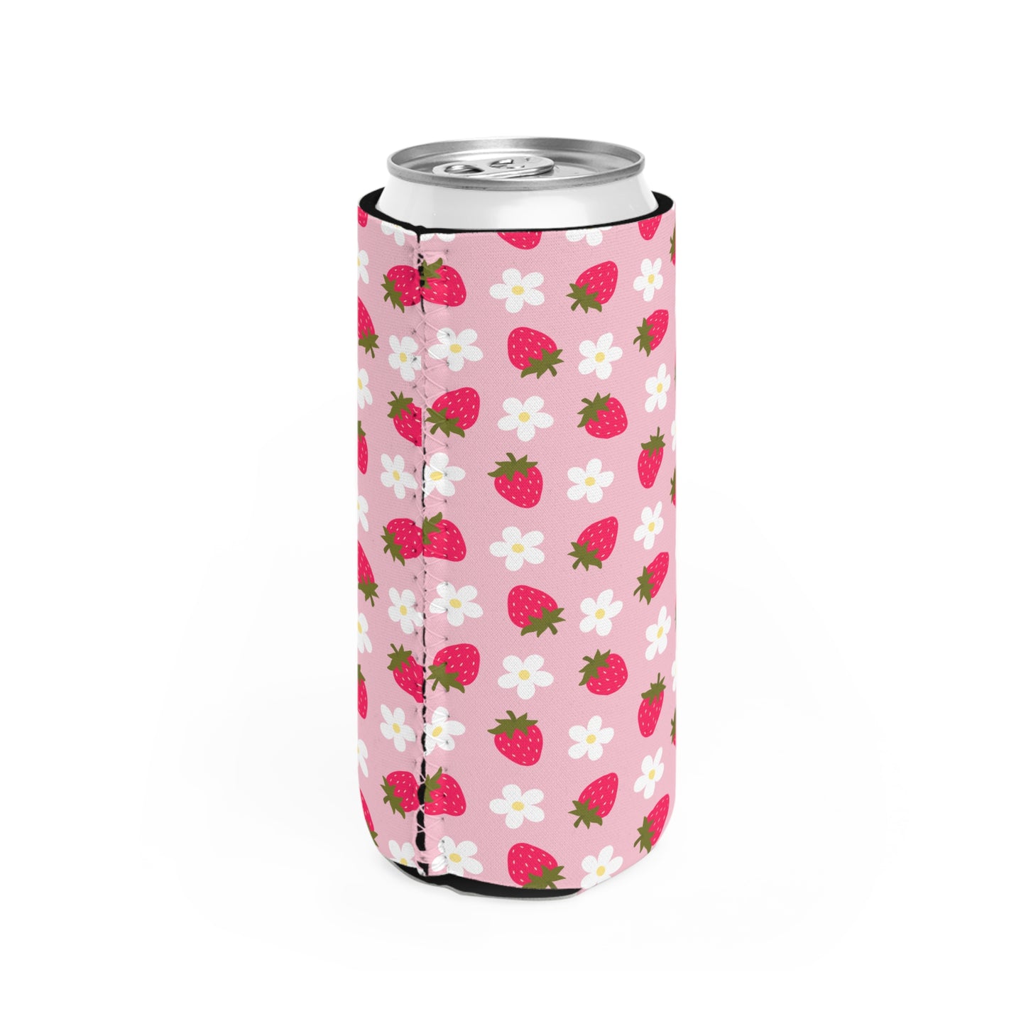 Strawberry Fields Slim Can Cooler - Cute Floral Drink Insulator for Summer Parties & Picnics, Lake Days, River Days, Day Drinking