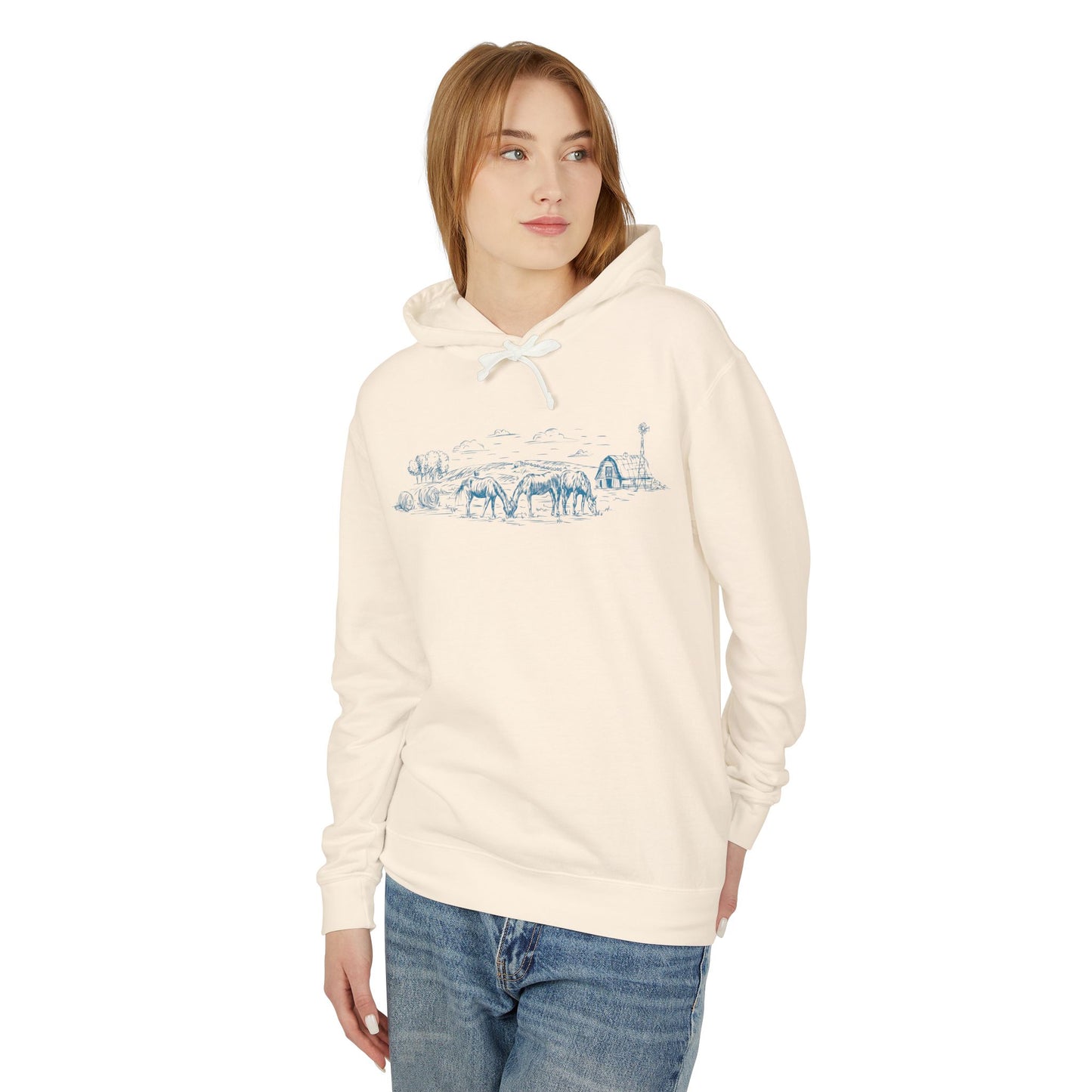 Lightweight Hand Drawn Horse Landscape Hoodie | Cozy Equine Sweatshirt for Horse Lovers and Farmers