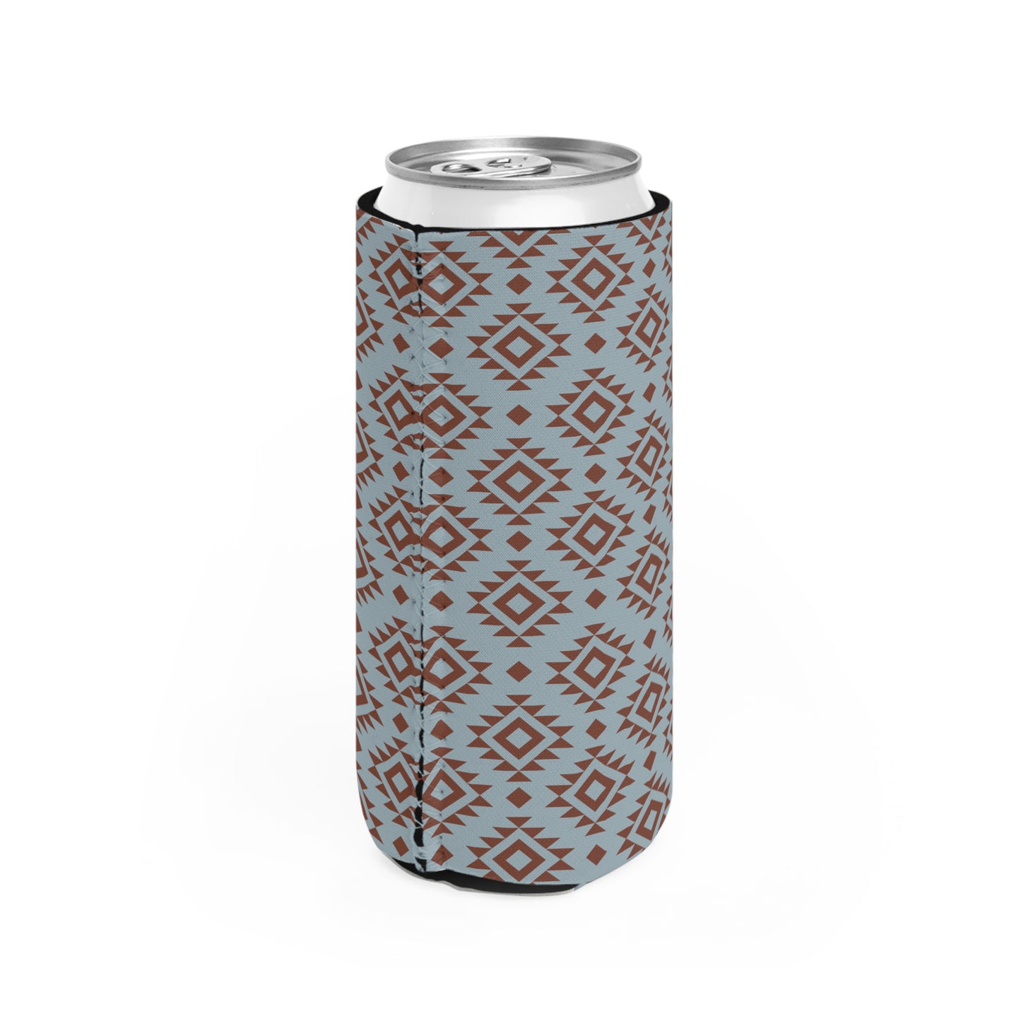 Western Blue Aztec Vibe Stylish Slim Can Cooler - Geometric Brown & Blue Design For Your Favorite Beverage