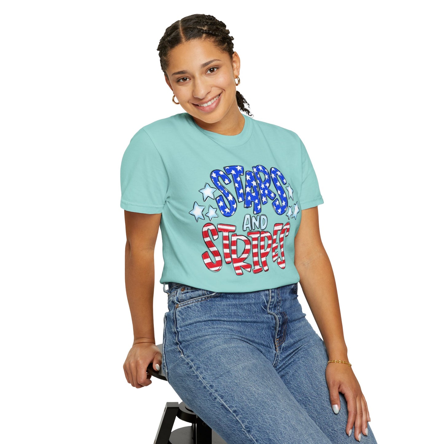 America The Beautiful Stars and Stripes Garment-Dyed Unisex T-Shirt, 4th of July Tee, Fourth of July Top, Patriotic Tshirt, Red White and Blue