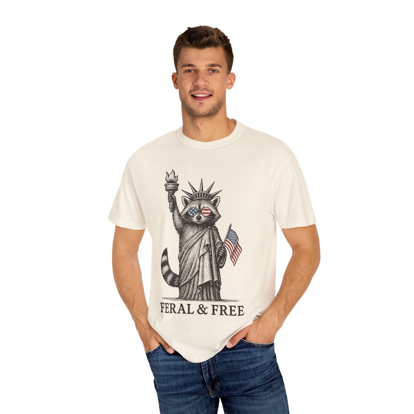 Feral & Free Unisex T-Shirt - Feral Raccoon Design, 4th of July Feral Tee, 4th of July Tshirt, Independence Day, Statue of Liberty Tshirt, Red White and Blue, Fireworks