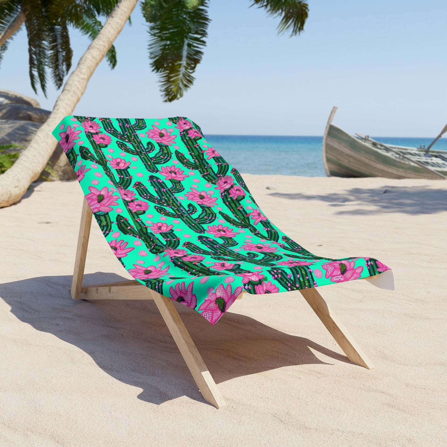 Funky Turquoise Pink Cactus Flower Tropical Beach Towel - Vibrant Floral 3D Design Boho Western Gorgeous Great For Family vacation Beach Vacay Pool Lake