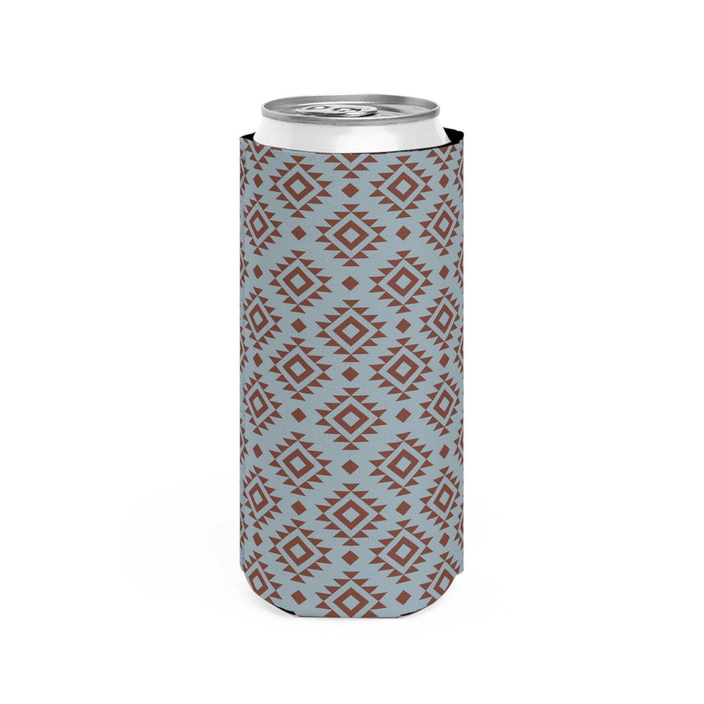 Western Blue Aztec Vibe Stylish Slim Can Cooler - Geometric Brown & Blue Design For Your Favorite Beverage