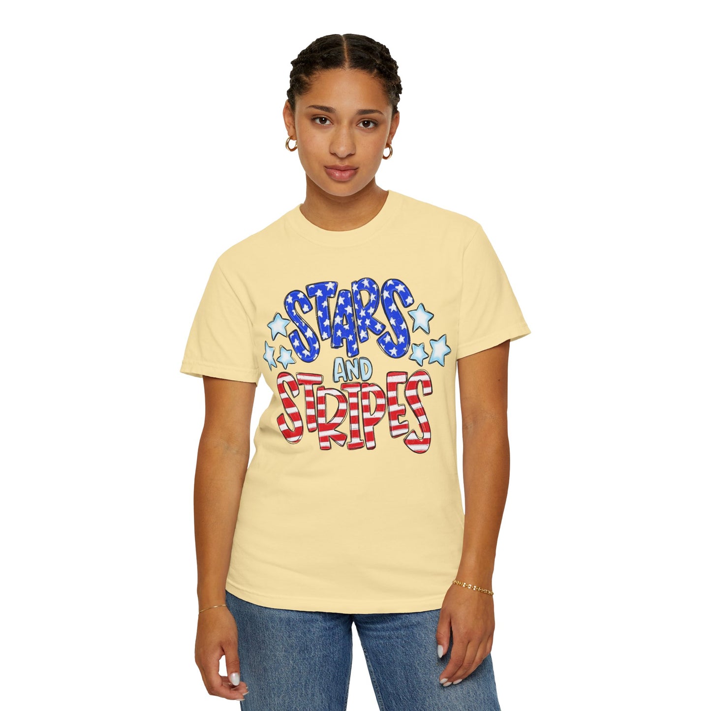 America The Beautiful Stars and Stripes Garment-Dyed Unisex T-Shirt, 4th of July Tee, Fourth of July Top, Patriotic Tshirt, Red White and Blue