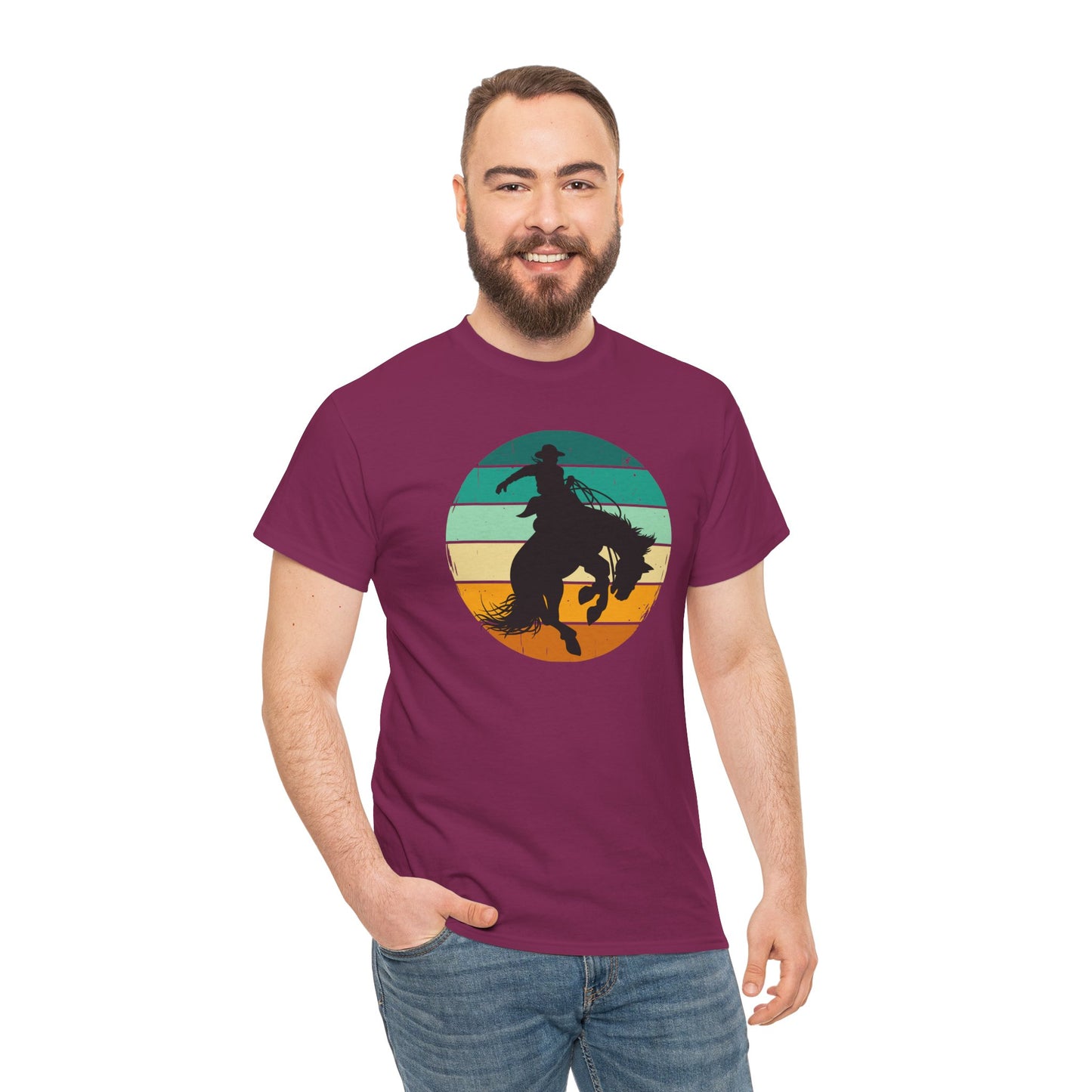 Ride It! Retro Cowboy Unisex Heavy Cotton Tee Rodeo, Honky Tonk, Concert, County Fair -Great Layering Tee. 8 Great Colors to Choose From