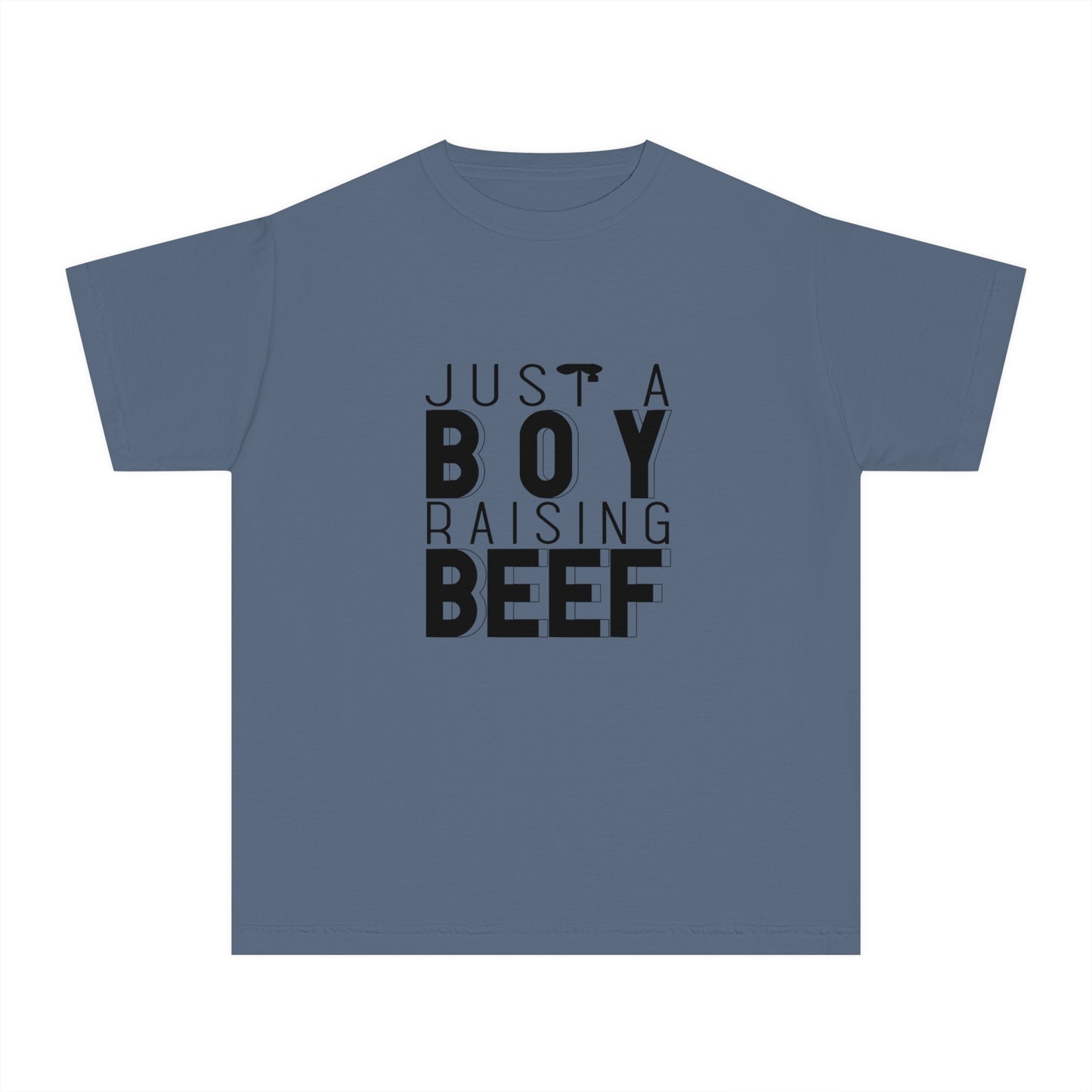 Just a Boy Raising Beef Youth Midweight Tee - Farming Beef Cattle Graphic Summer T-Shirt for Boys County Fair, Show Tee