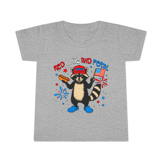 Toddler Red White and Feral Fourth of July T-Shirt, Cute Raccoon Tee, Kids Independence Day Top, 4th of July Shirt, Red White and Blue Apparel, Independence Day Fireworks